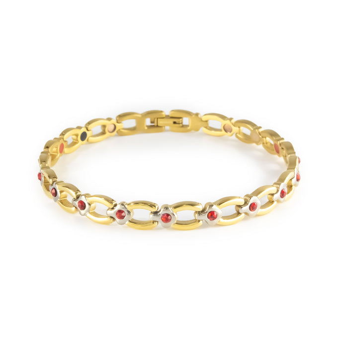 Scarlet gold-plated titanium bracelet with red crystal accents clasped front view.
