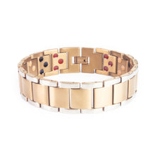 Secret Spark copper-plated titanium bracelet with polished titanium borders clasped front view.