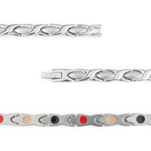 Close-up of Serenity bracelet highlighting polished X links, matte almond-shaped spacers, and single row of embedded negative ion elements.