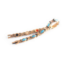 Sierra negative ion copper bracelet with turquoise, unclasped and folded for display.