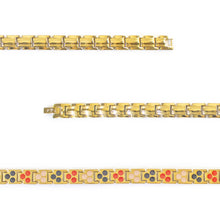 Close-up of Solaris bracelet showing gold-plated beveled links and embedded negative ion elements.