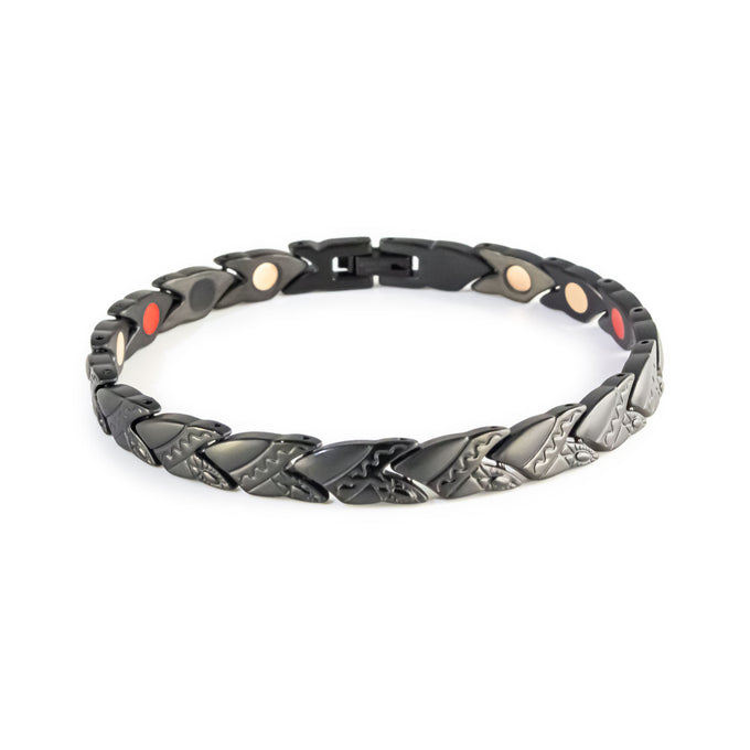 Strider negative ion bracelet with matte black stainless steel, front clasped view. 