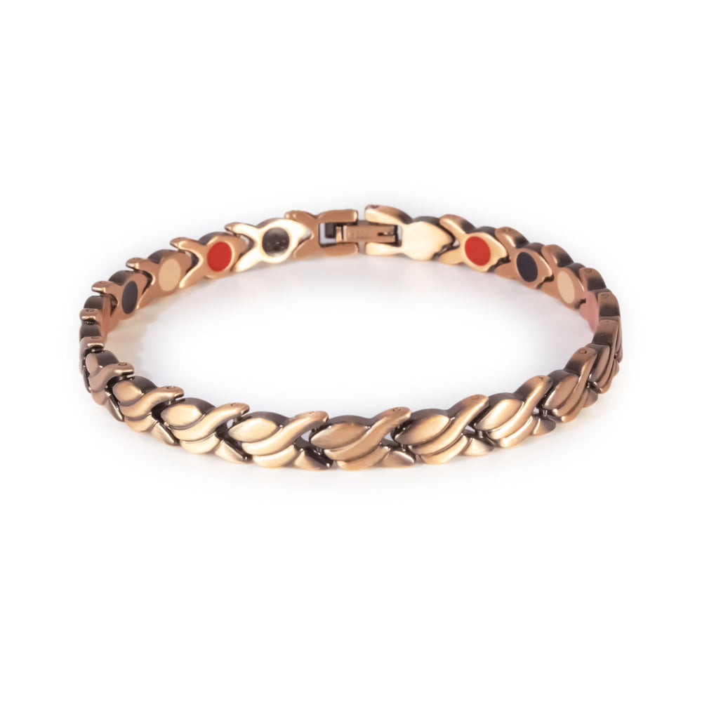 Sundance copper negative ion bracelet with wave-shaped links, front clasped view.