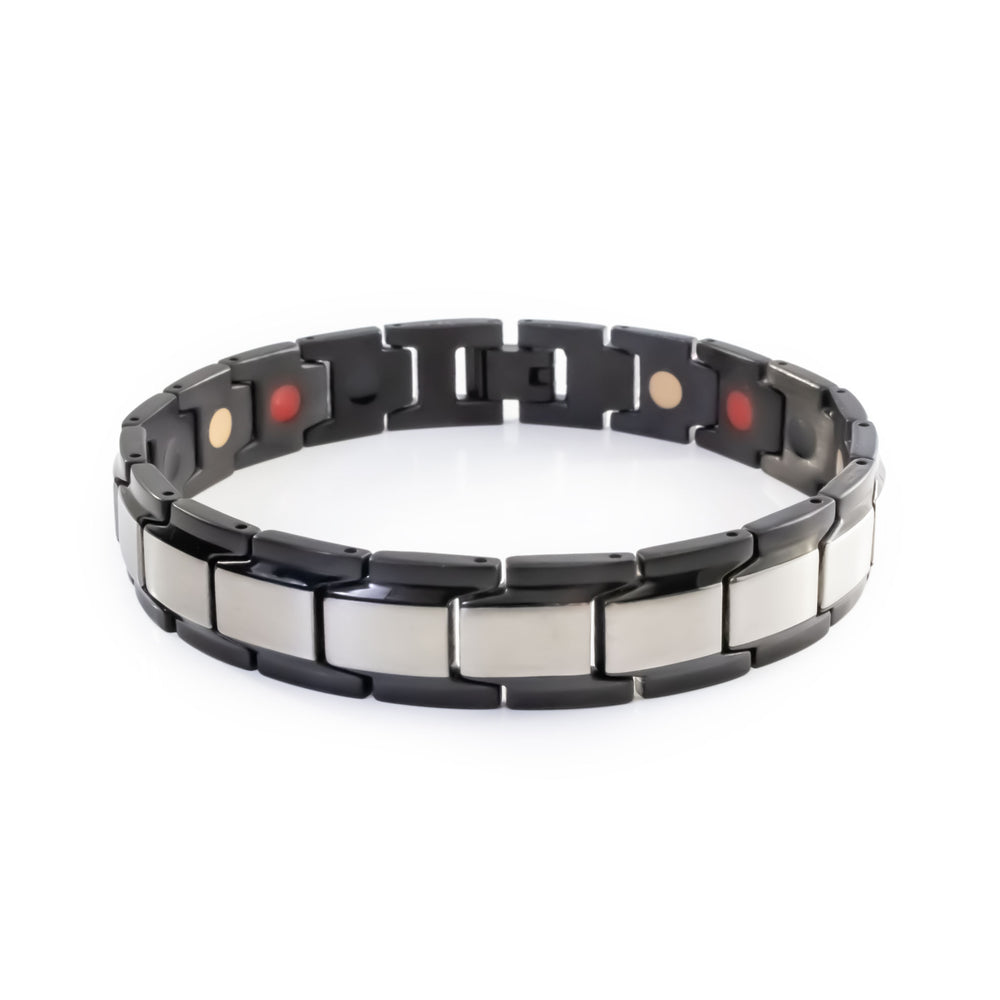 Swell stainless steel bracelet front view showing silver-toned center links with polished black edges and single row of embedded elements.