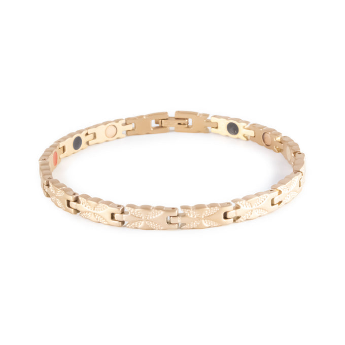 Swift negative ion bracelet with matte rose gold links, front clasped view. 