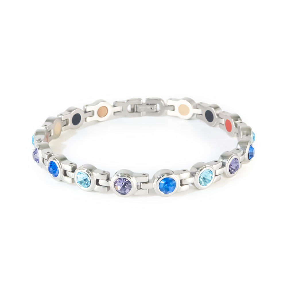 Symphony stainless steel bracelet with blue, aqua, and purple crystals clasped front view.