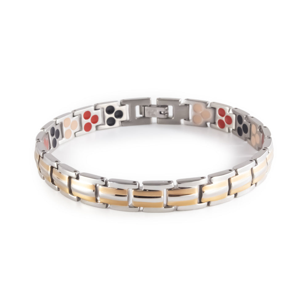 Twin Flame stainless steel bracelet with rose gold-plated stripes clasped front view.