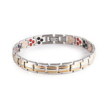 Twin Flame stainless steel bracelet with rose gold-plated stripes clasped front view.