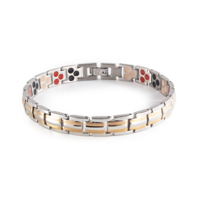 Twin Flame stainless steel bracelet with rose gold-plated stripes clasped front view.