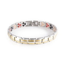 Twin Glow stainless steel bracelet with gold-plated stripes clasped front view.