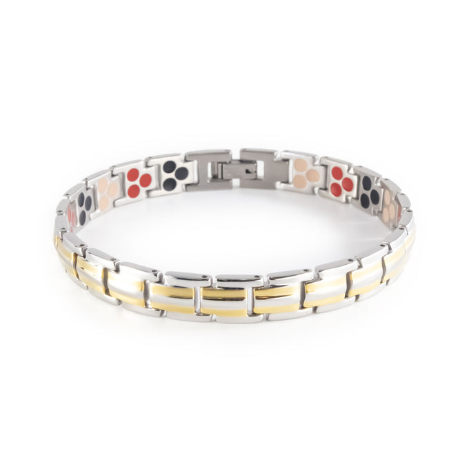 Twin Glow stainless steel bracelet with gold-plated stripes clasped front view.