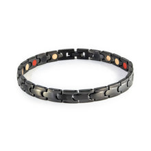 Unity negative ion bracelet with black stainless steel, front clasped view.
