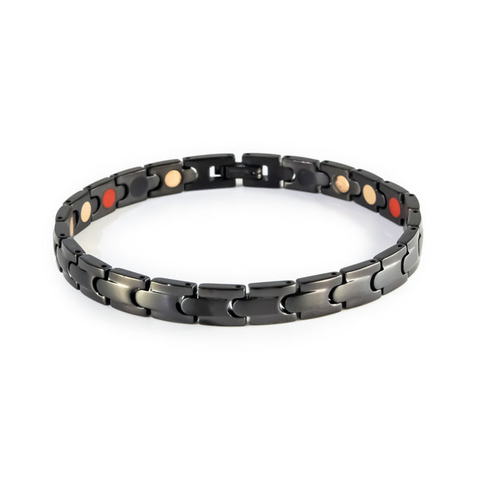 Unity negative ion bracelet with black stainless steel, front clasped view.