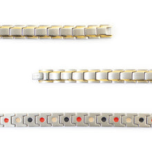Close-up of Vanguard negative ion bracelet links with stainless steel and gold to show detail.