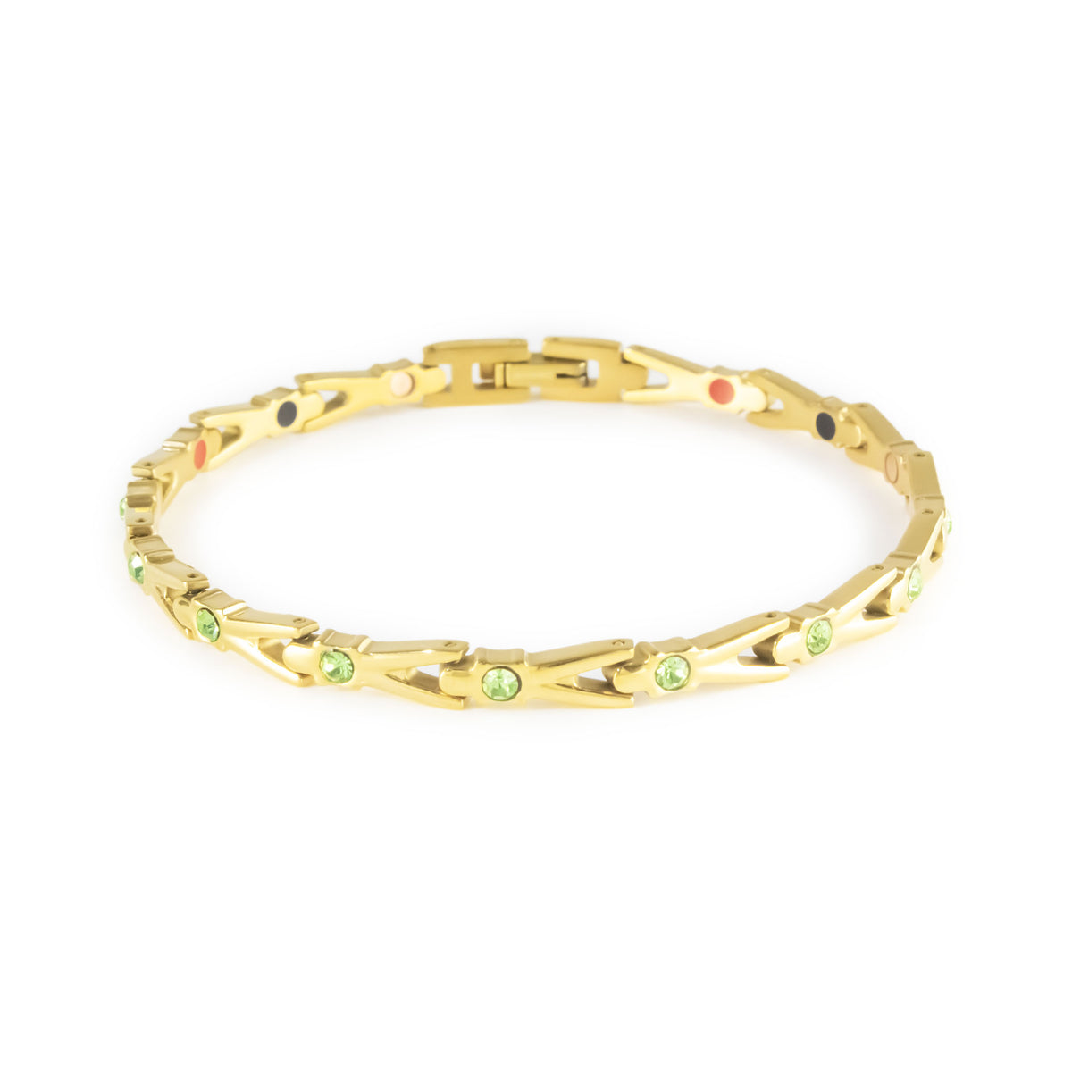 Vitalis gold-plated titanium bracelet with green crystals clasped front view.