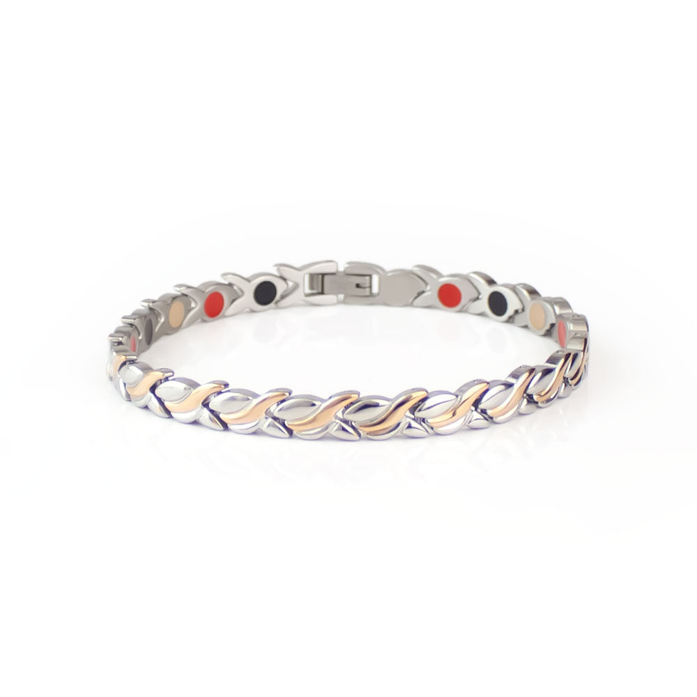 Waves - Premium Hand Mineral-Infused Negative Ion Bracelet, Stainless Steel, Rose Gold Finish, Wa...