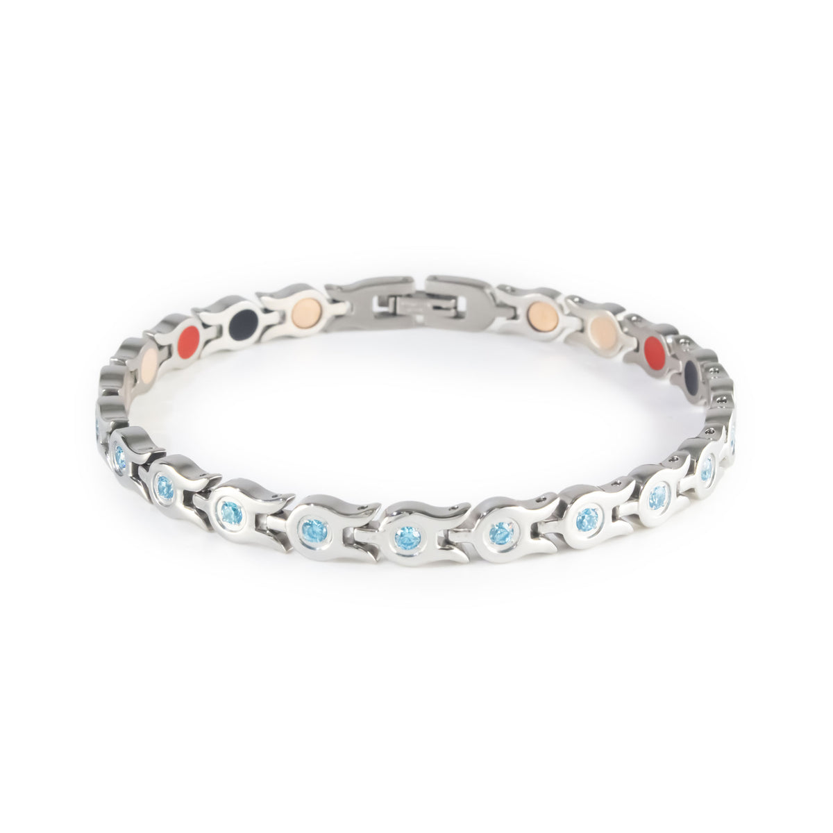 Whisper stainless steel bracelet with light blue crystals clasped front view.