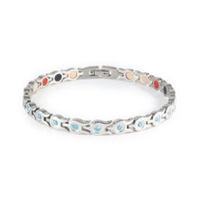 Whisper stainless steel bracelet with light blue crystals clasped front view.