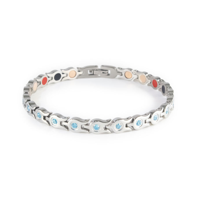 Whisper stainless steel bracelet with light blue crystals clasped front view.