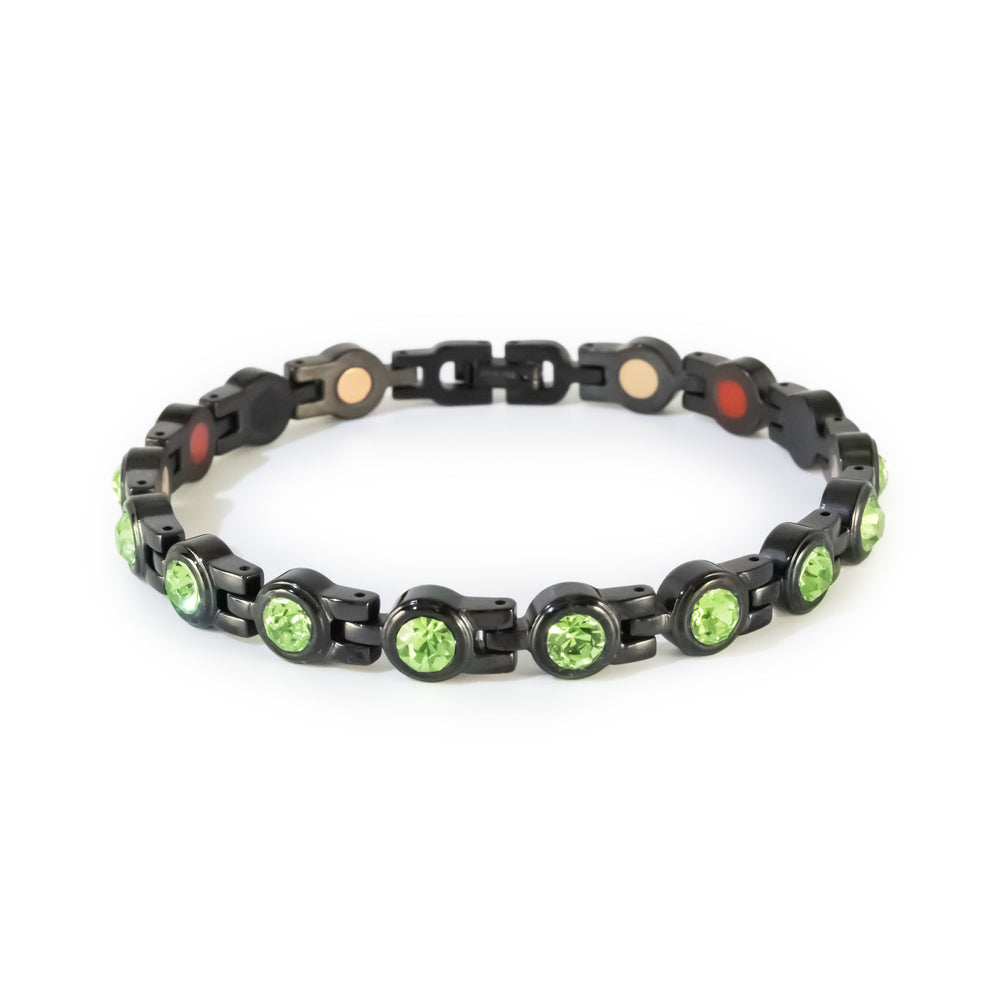 Black stainless steel bracelet with green crystal accents clasped in display position.