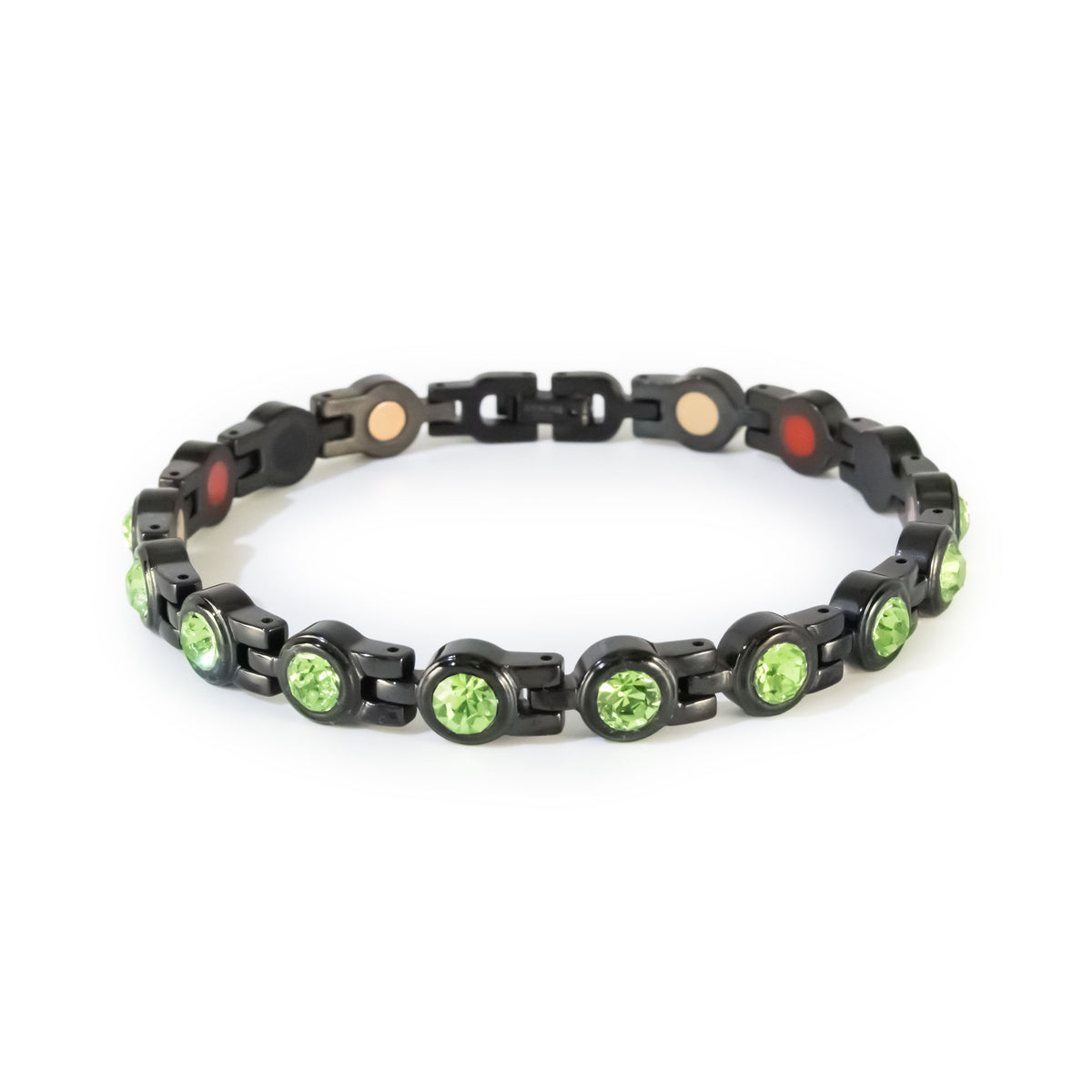Black stainless steel bracelet with green crystal accents clasped in display position.