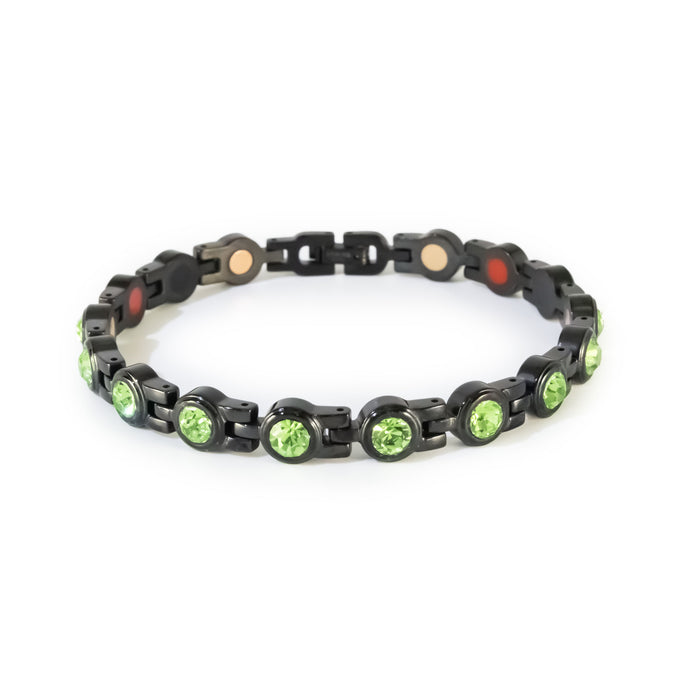 Black stainless steel bracelet with green crystal accents clasped in display position.