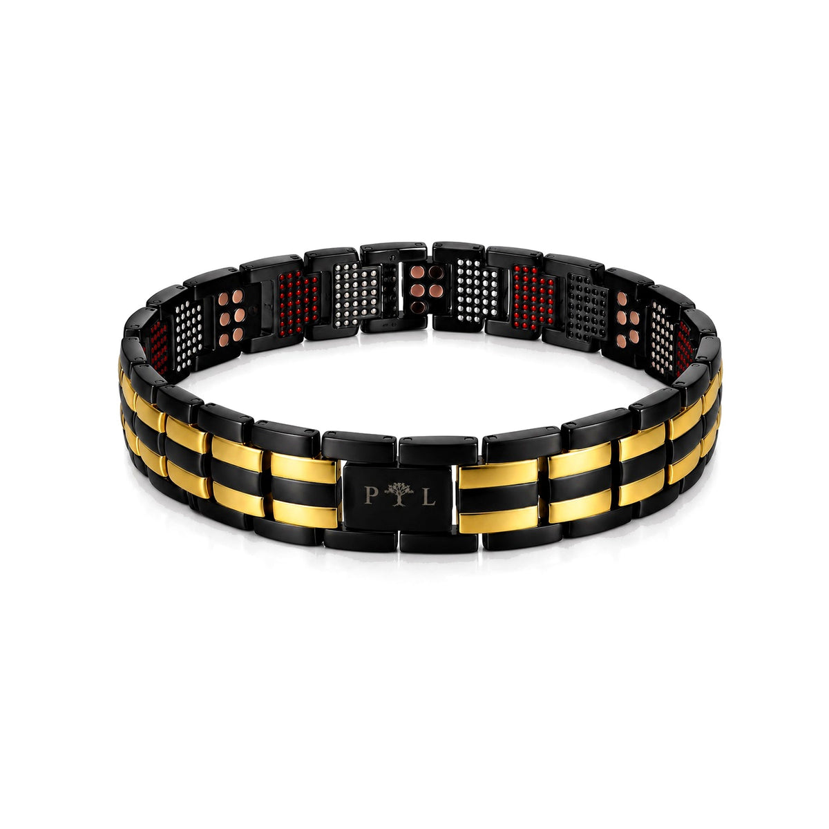 Midnight Gold Link Purlife Multi-Mineral bracelet new clean hero image with PTL tree buckle and mineral points